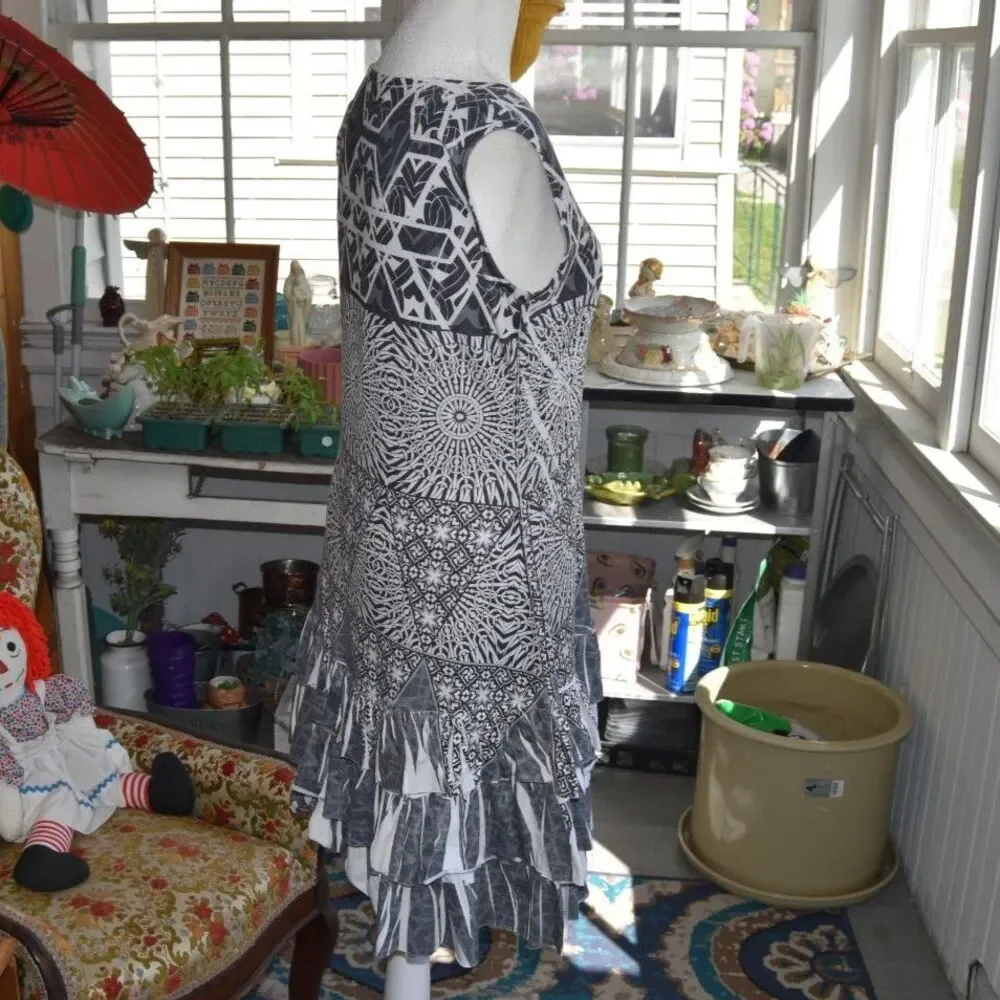 Y2K 'Cover Charge' Rhinestone Tunic Dress Black White Handkerchief Hem M
